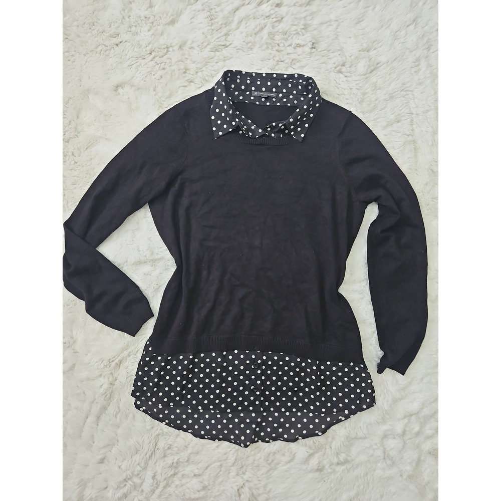 Adrianna Papell Polka Dot Preppy Faux Layered Knit Sweater Shirt Combo Medium